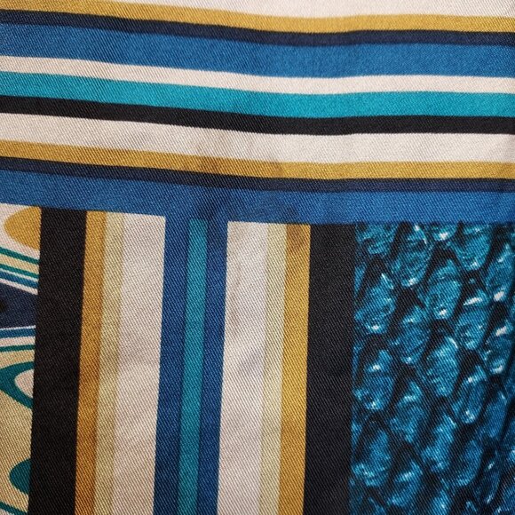 Adrienne Landau Scarf 100% Silk Geometric Brown White Aqua Blue Cravat 52" x 11" - Picture 11 of 14